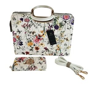 Dasein Satchel Handbag Wallet Set White Floral Butterfly Gold Hardware Womens OS